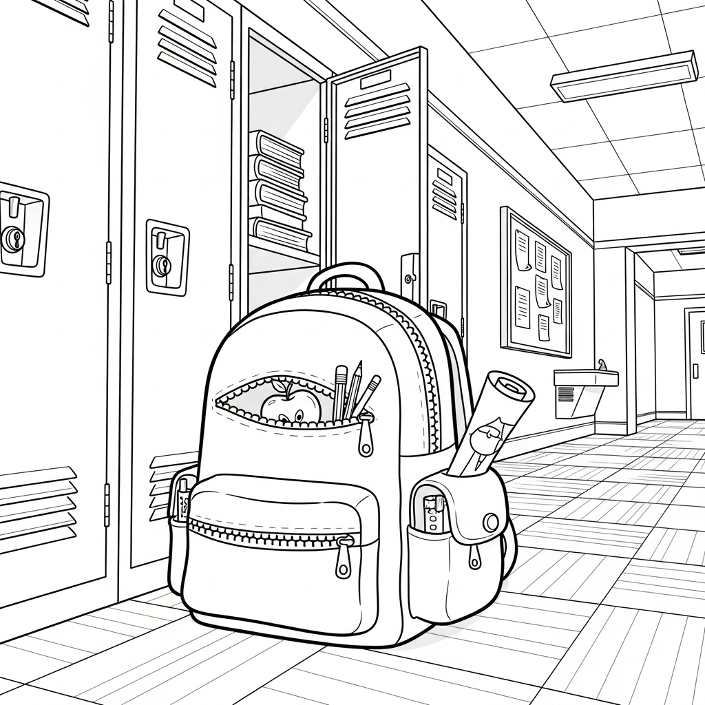 Playful Cartoon Backpack at School Locker Coloring Page coloring page printable