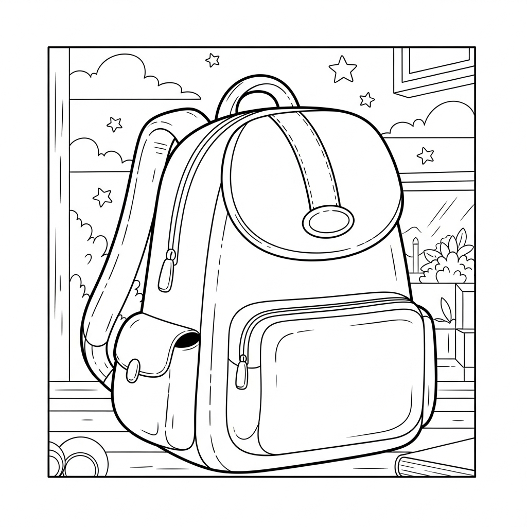 Medium Cartoon Student Backpack During First Day Of School Coloring Page coloring page printable