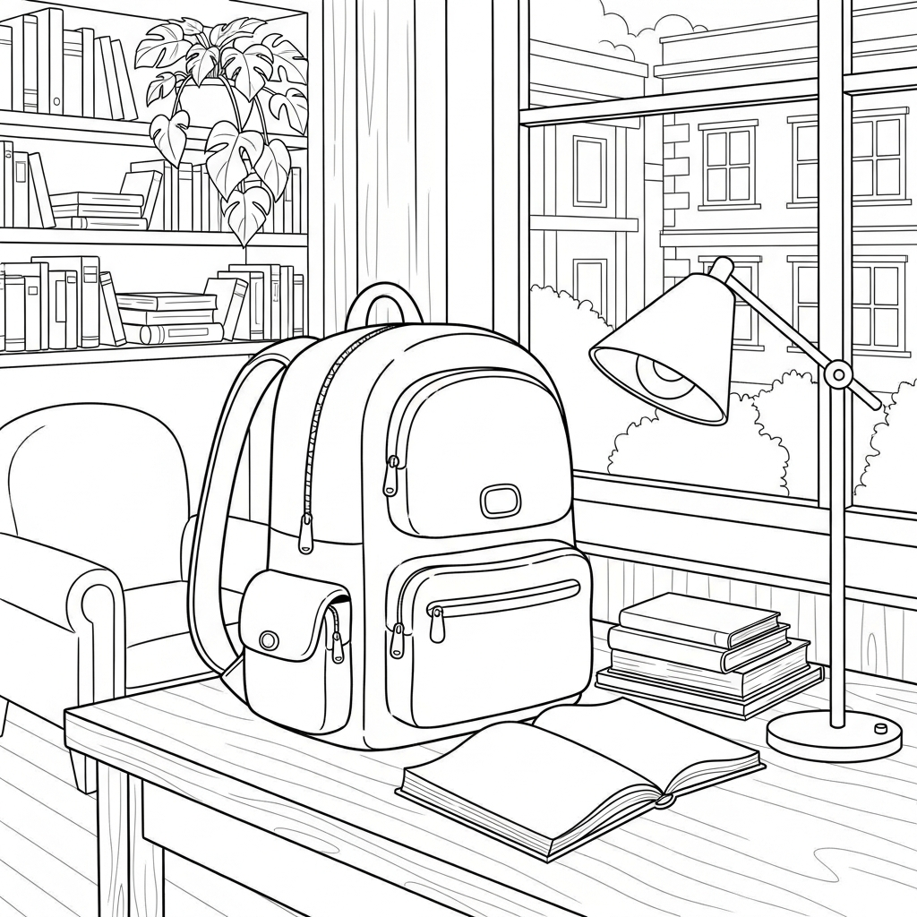 Cartoon Student Backpack in Library Coloring Page for Kids coloring page printable