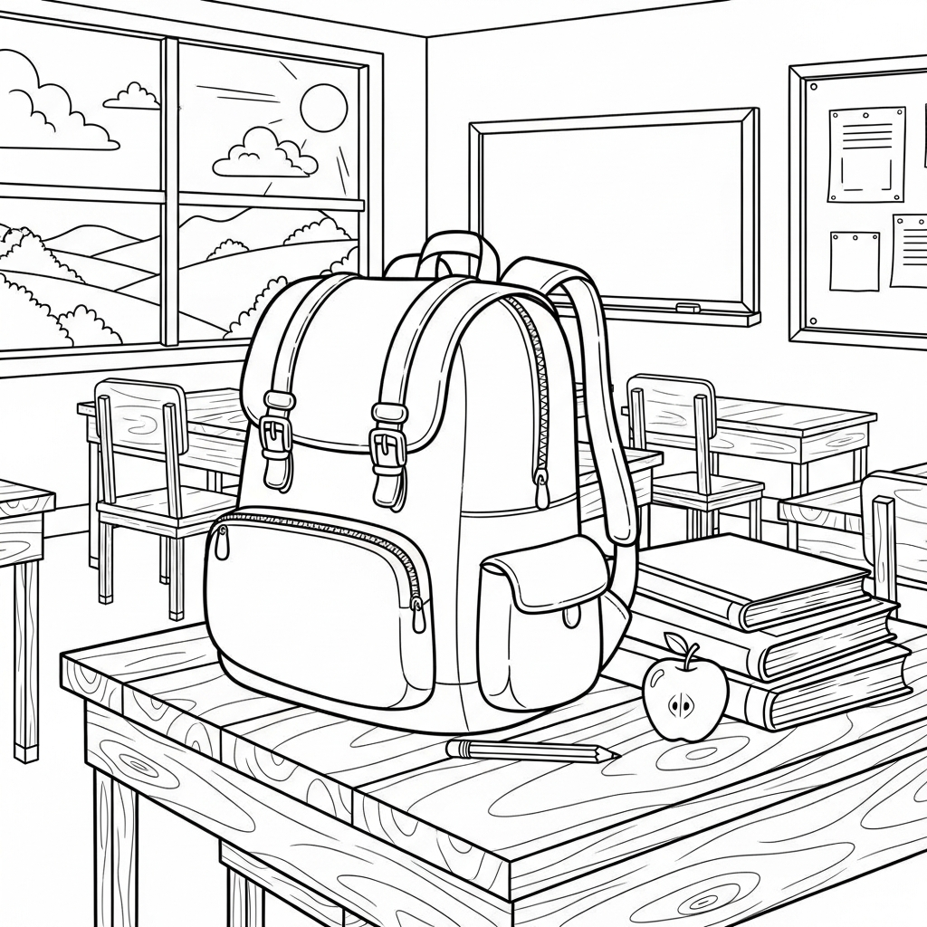 Coloring Page of a Medium Cartoon Backpack on a Classroom Desk coloring page printable