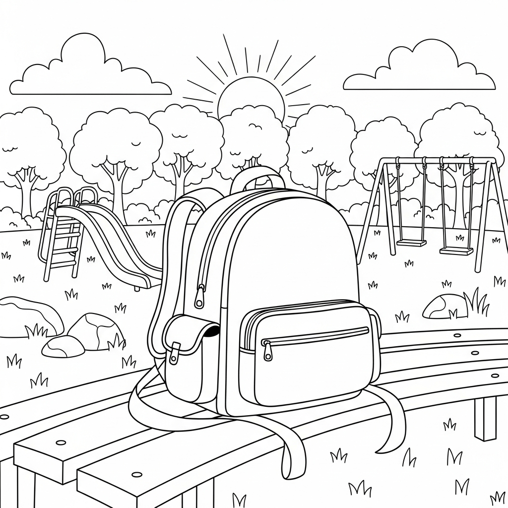 Fun Cartoon Student Backpack Coloring Page on Playground Bench coloring page