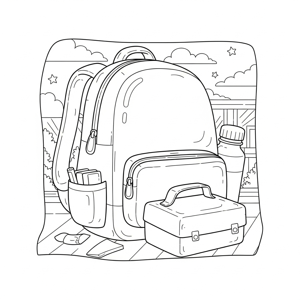 Medium Cartoon Student Backpack Coloring Page with Lunchbox and Water Bottle coloring page printable