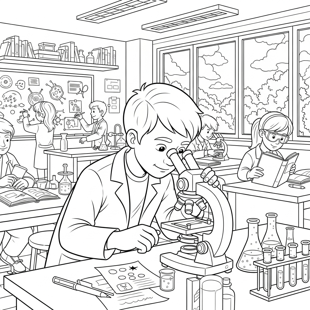 Cartoon Student with Microscope in Classroom Coloring Page coloring page