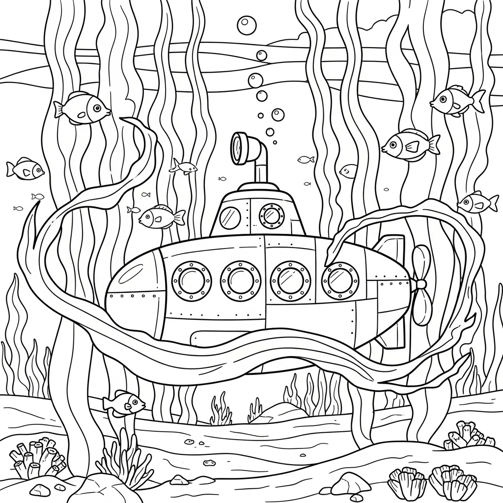 Mittlere Cartoon-U-Boot-Seite durch einen Kelp-Wald coloring page printable