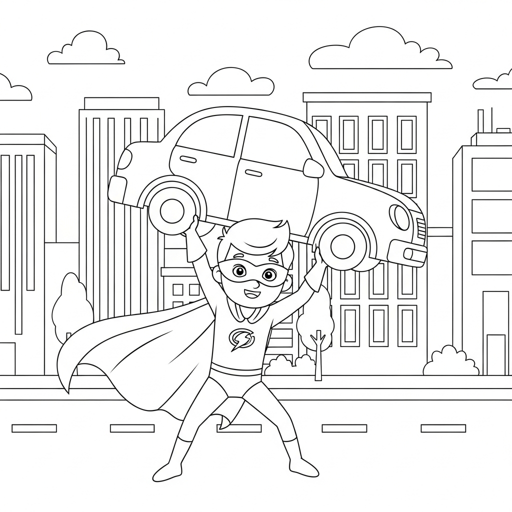 Fun Medium Cartoon Superhero Saving A Car Coloring Page coloring page