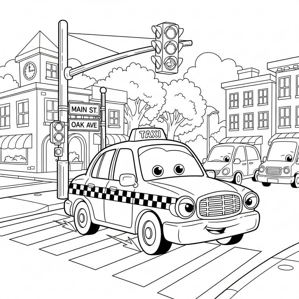 Middelgrote Cartoon Taxi Cab die een Straatkruising Oversteekt Kleurplaat coloring page