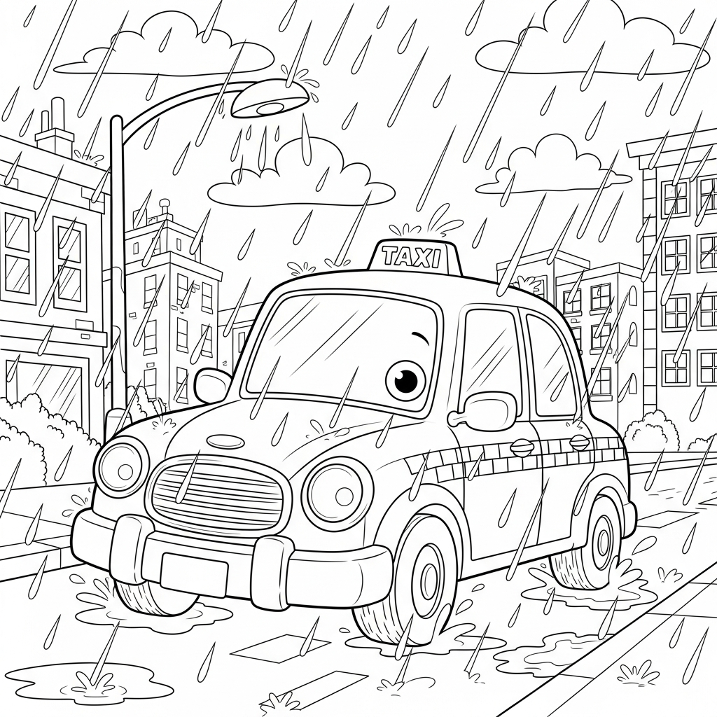 Coloring Page of a Cartoon Taxi Cab on a Rainy City Street coloring page