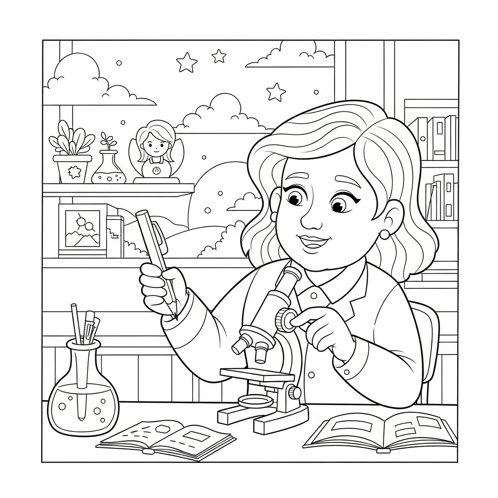 Mittelgroße Cartoonlehrerin mit Mikroskop im Naturkundeunterricht Ausmalbild coloring page printable