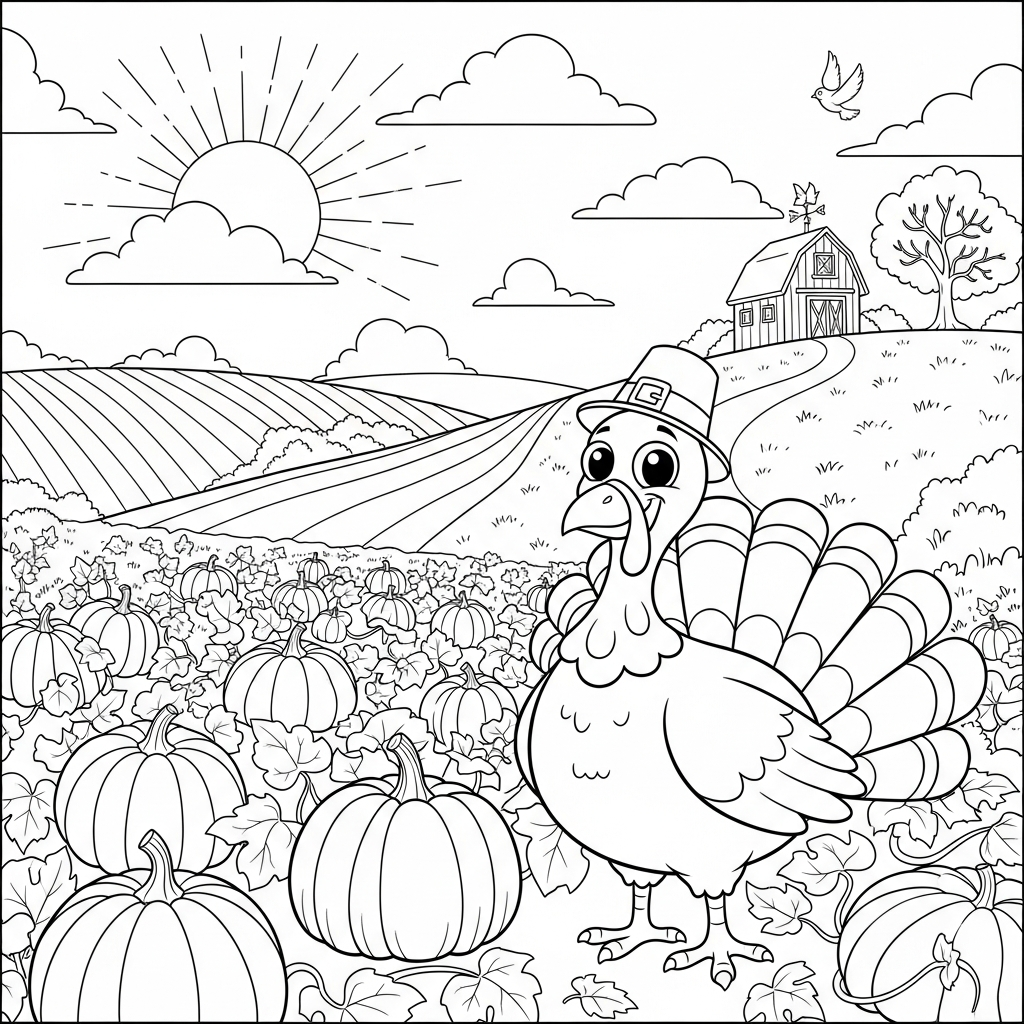 Mittleres Cartoon-Erntedank-Turkey neben Kürbisfeld Ausmalbild coloring page printable