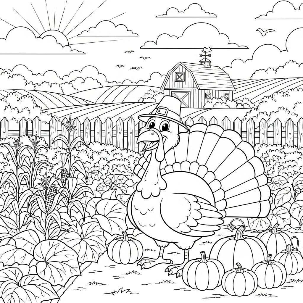 Mittleres Cartoon-Thanksgiving-Truthahn Ausmalbild im Landgarten coloring page printable
