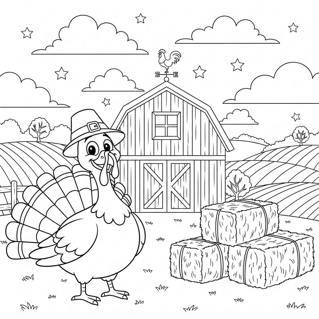 Mittleres Cartoon-Urlaubspute neben Scheune und Heuballen Ausmalbild coloring page printable