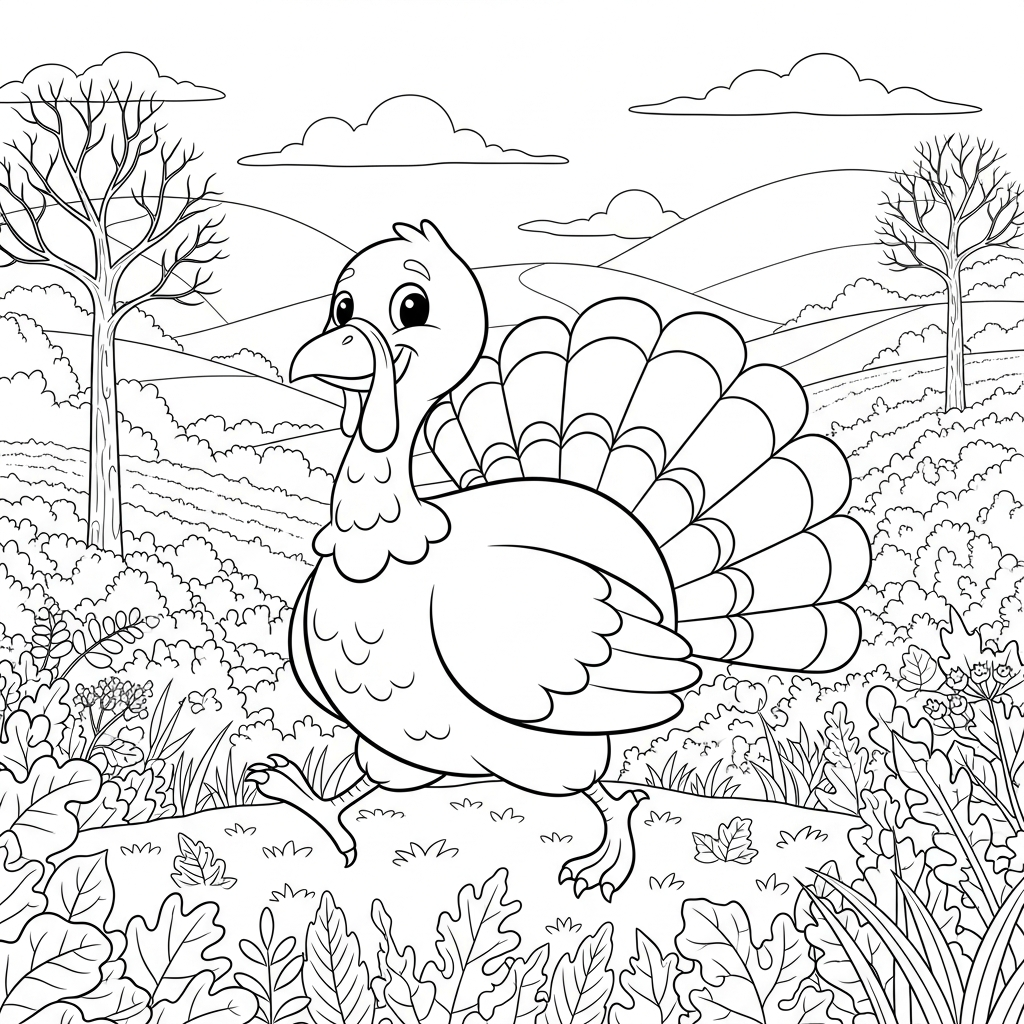 Mittleres Cartoon Dankegebet Truthahn im Herbstfeld Ausmalbild coloring page printable