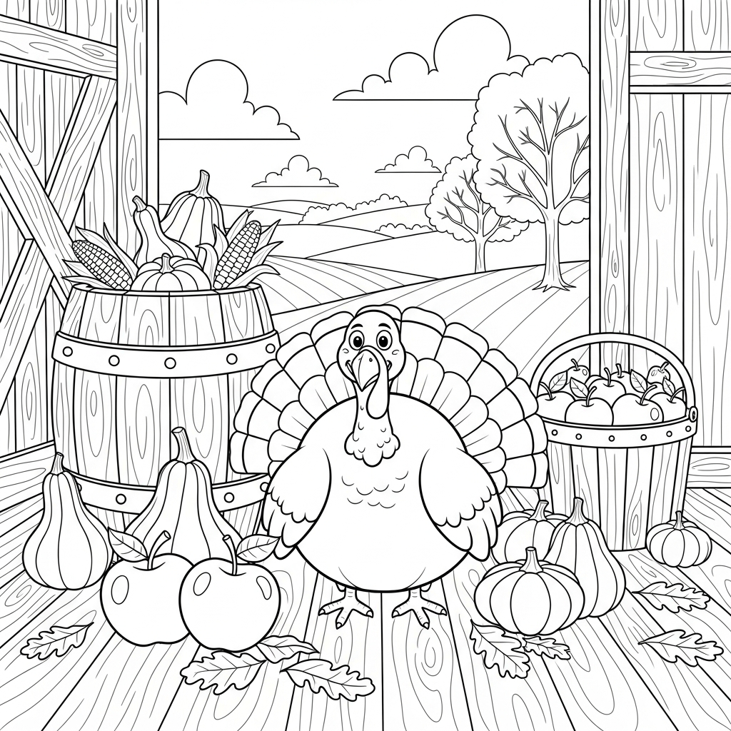 Mittleres Cartoon-Thanksgiving-Truthuhn mit Äpfeln und Kürbissen Ausmalbild coloring page printable