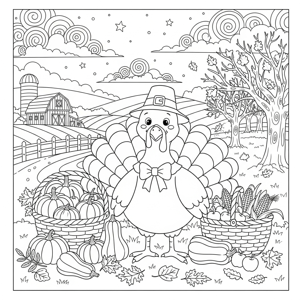 Fun Thanksgiving Turkey Coloring Page with Harvest Baskets coloring page