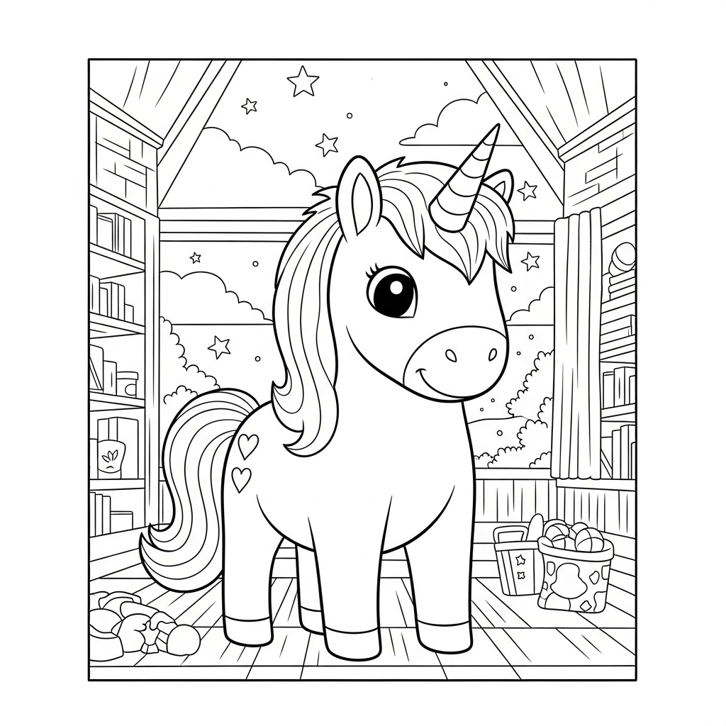 Medium Cartoon Unicorn Coloring Page Under a Starry Night coloring page