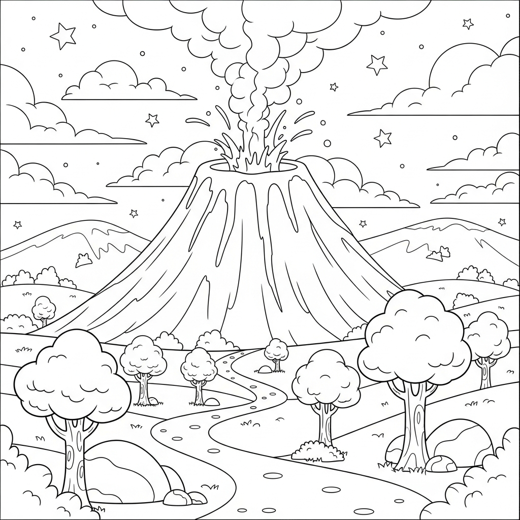 Página Para Colorear Cráter de Volcán de Dibujos Animados Mediano con Resplandor de Lava coloring page printable