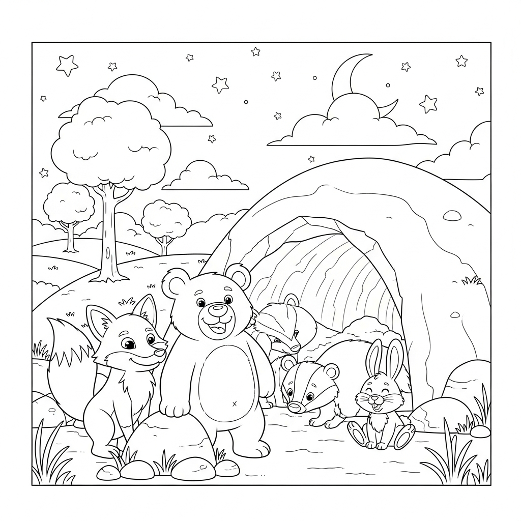 Medium Cartoon Wild Animals Coloring Page Near a Cave coloring page