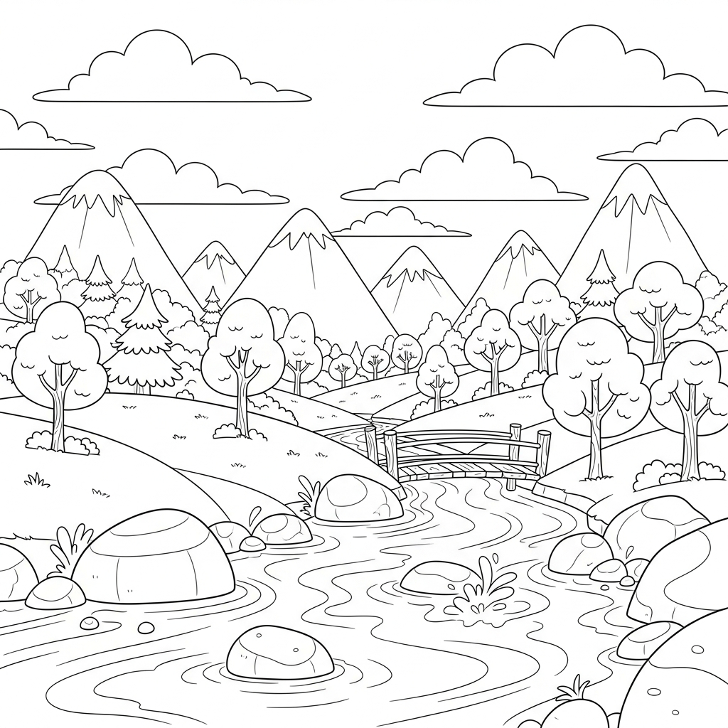 Fun Cartoon Wild River Scene Coloring Page for Kids coloring page