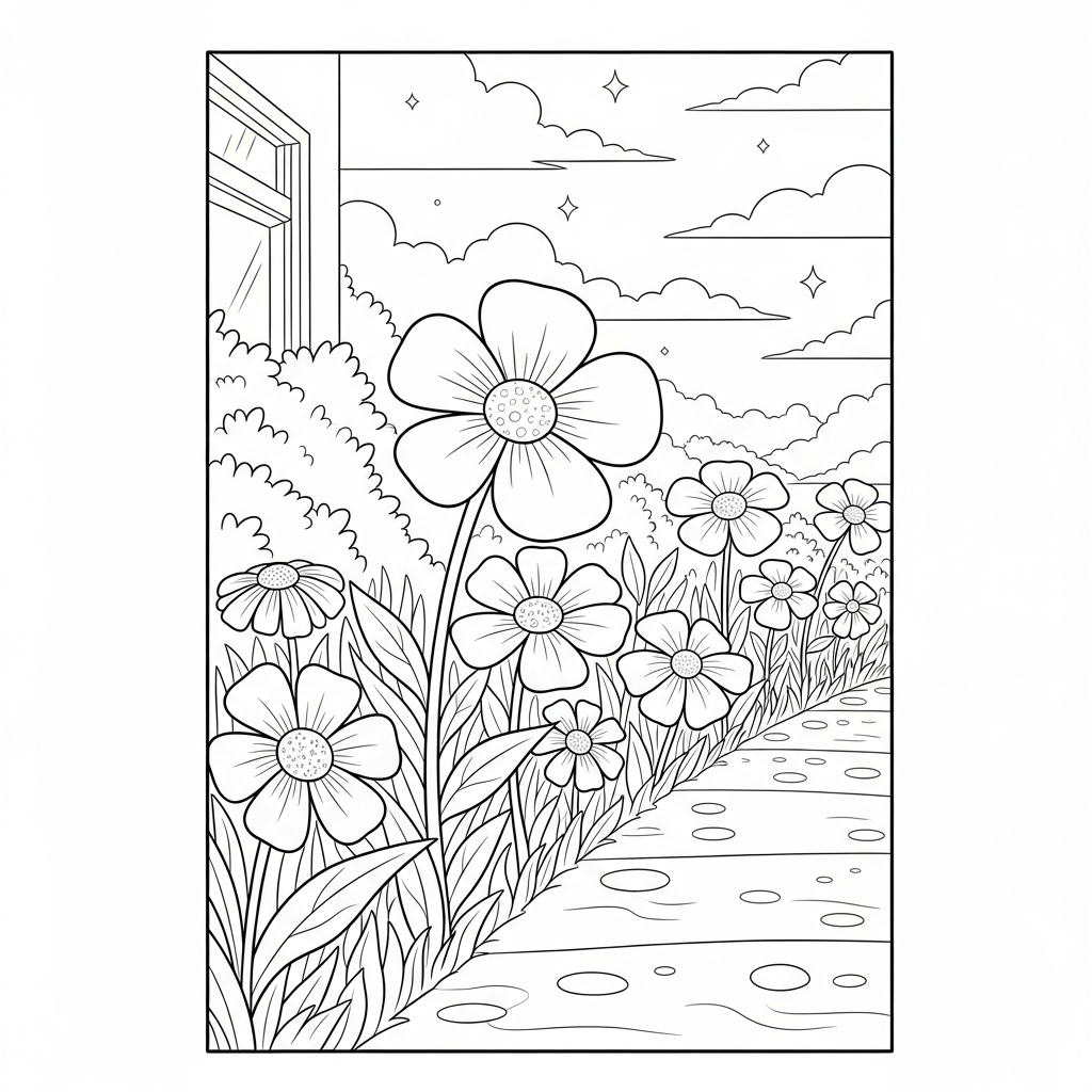 Charming Cartoon Wildflowers Along a Garden Path Coloring Page coloring page printable