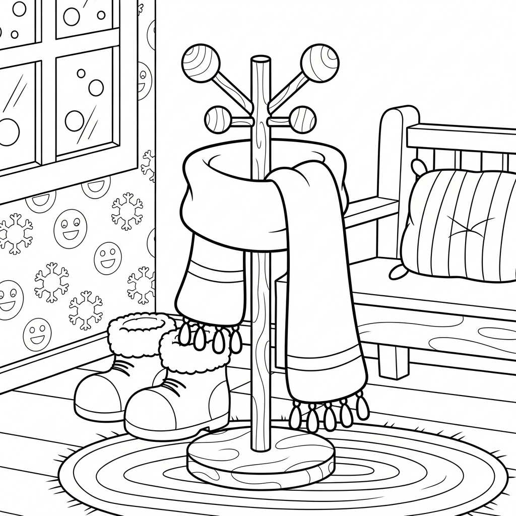 Page à Colorier : Écharpe d'Hiver en Dessin Animé Suspendue à un Porte-Manteau coloring page