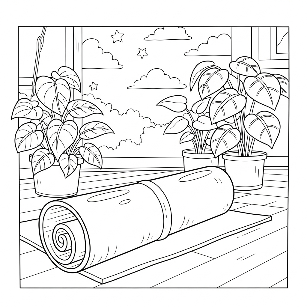 Mittlere Cartoon-Yogamatte neben Zimmerpflanzen Ausmalbild coloring page printable