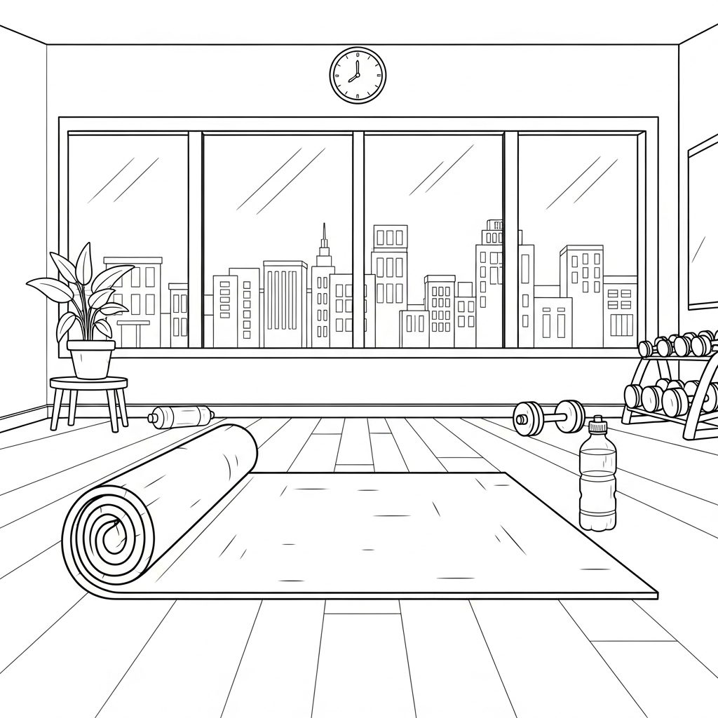Mittleres Cartoon-Yogamatte Ausmalbild im Fitnessraum coloring page printable