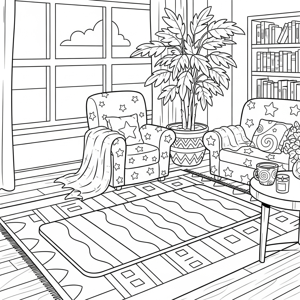 Mittelgroße Cartoon-Yogamatte im Wohnzimmer Ausmalbild coloring page printable