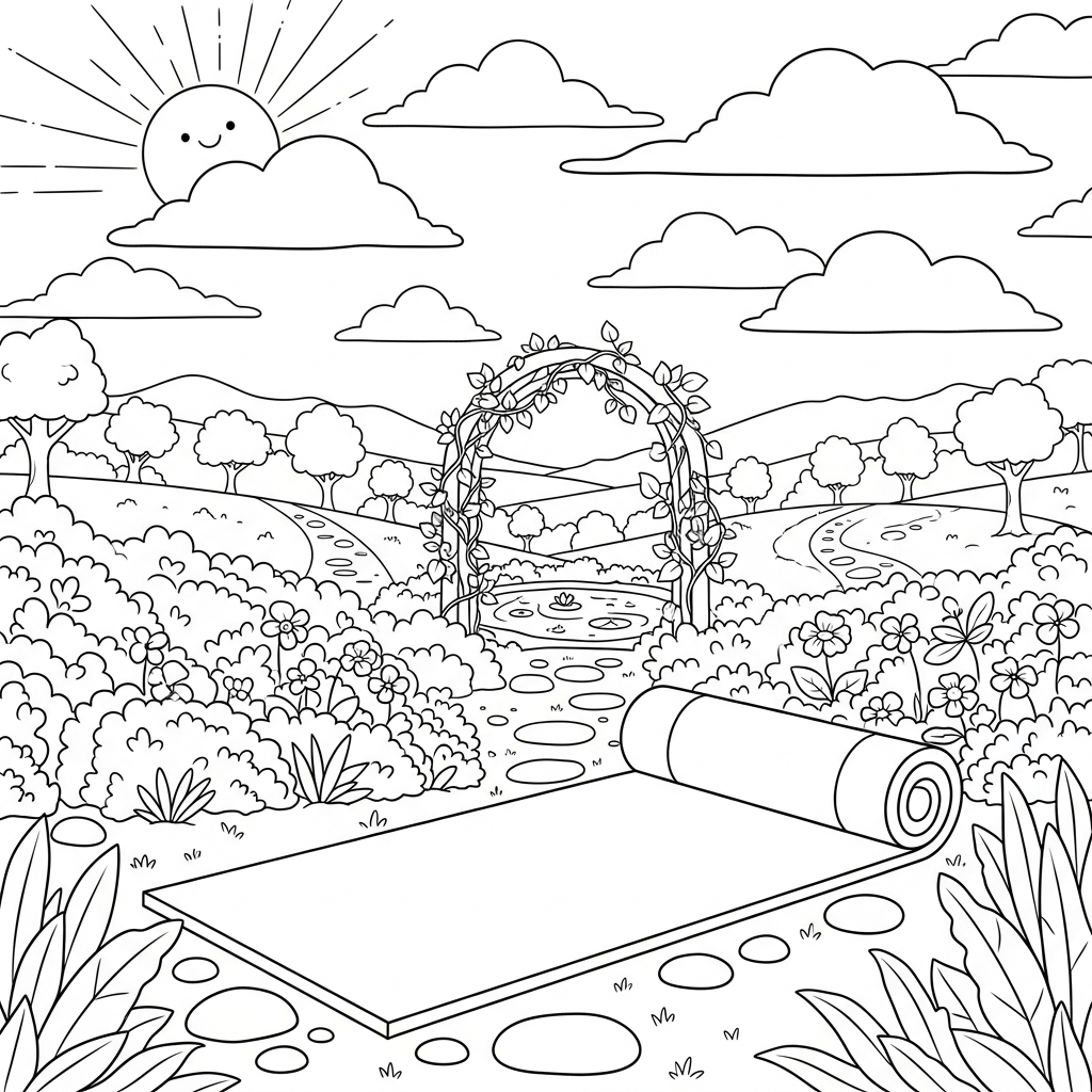 Pagina da Colorare del Tappetino Yoga Cartone Medio in Giardino coloring page