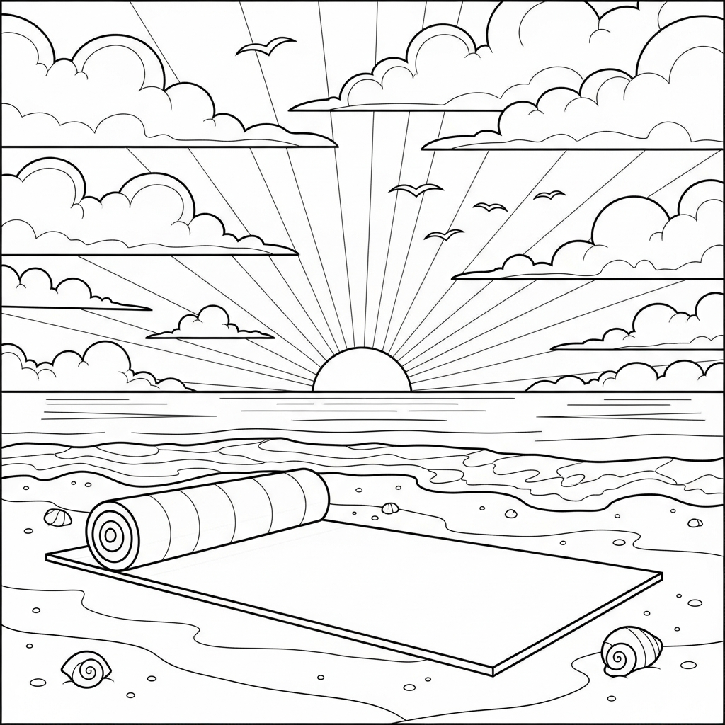Medium Cartoon Yoga Mat Coloring Page at Sunrise on the Beach coloring page