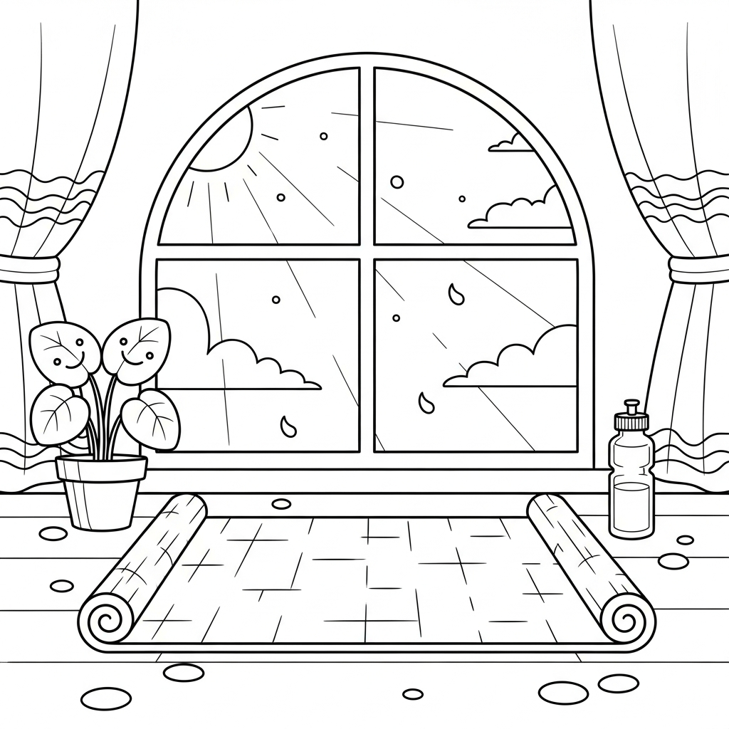 Mittlere Cartoon Yoga Matten Ausmalbild Unter Sonnenlichtfenster coloring page printable