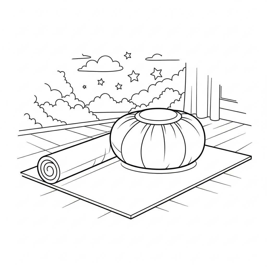 Cartoon Yoga Mat & Meditation Cushion Coloring Page coloring page