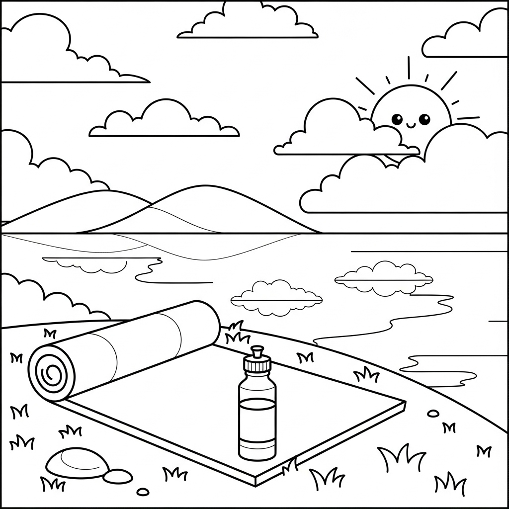 Mittelgroße Cartoon-Yoga-Matte Mit Wasserflasche Malvorlage coloring page printable