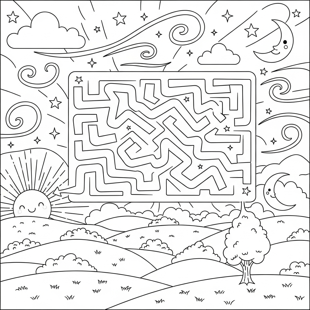 Medium Cartoon Zigzag Maze Coloring Page for Kids coloring page